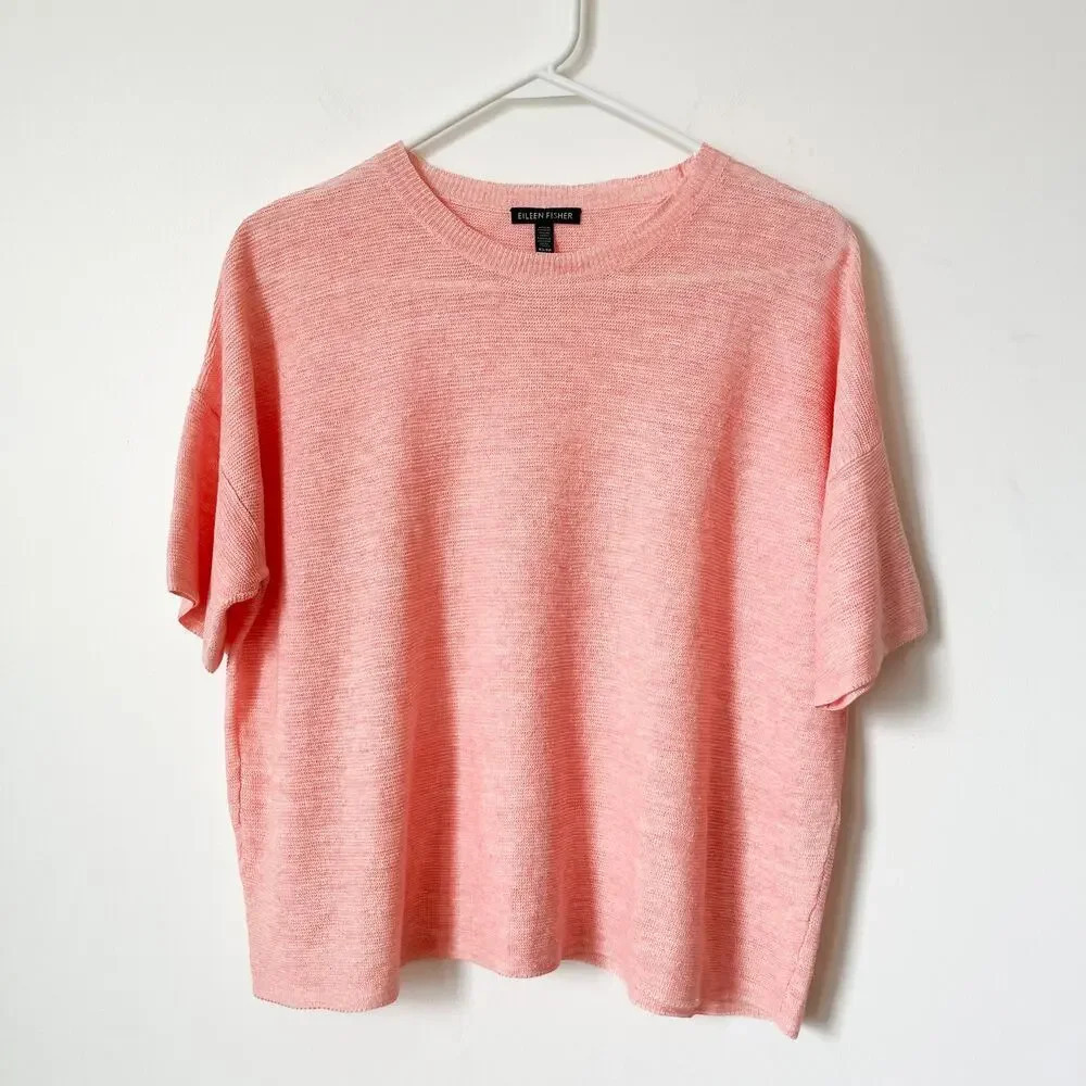 Eileen Fisher Organic Linen Peach Round Neck‎ Sweater XS Minimalist Coastal